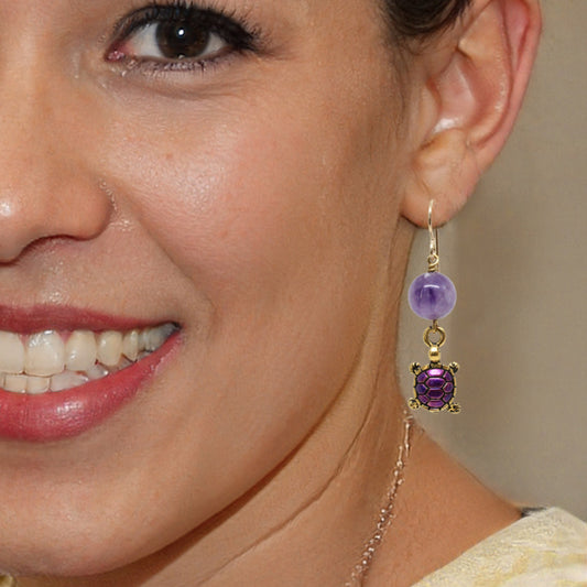 Turtle Earrings / 45mm length / hand painted pewter charms / purple amethyst / gold filled earwires
