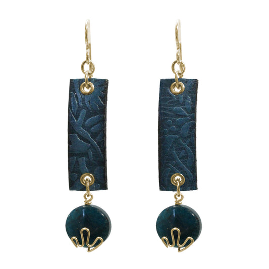Blue Apatite Earrings / 65mm length / embossed floral leather / gold filled hook earwires