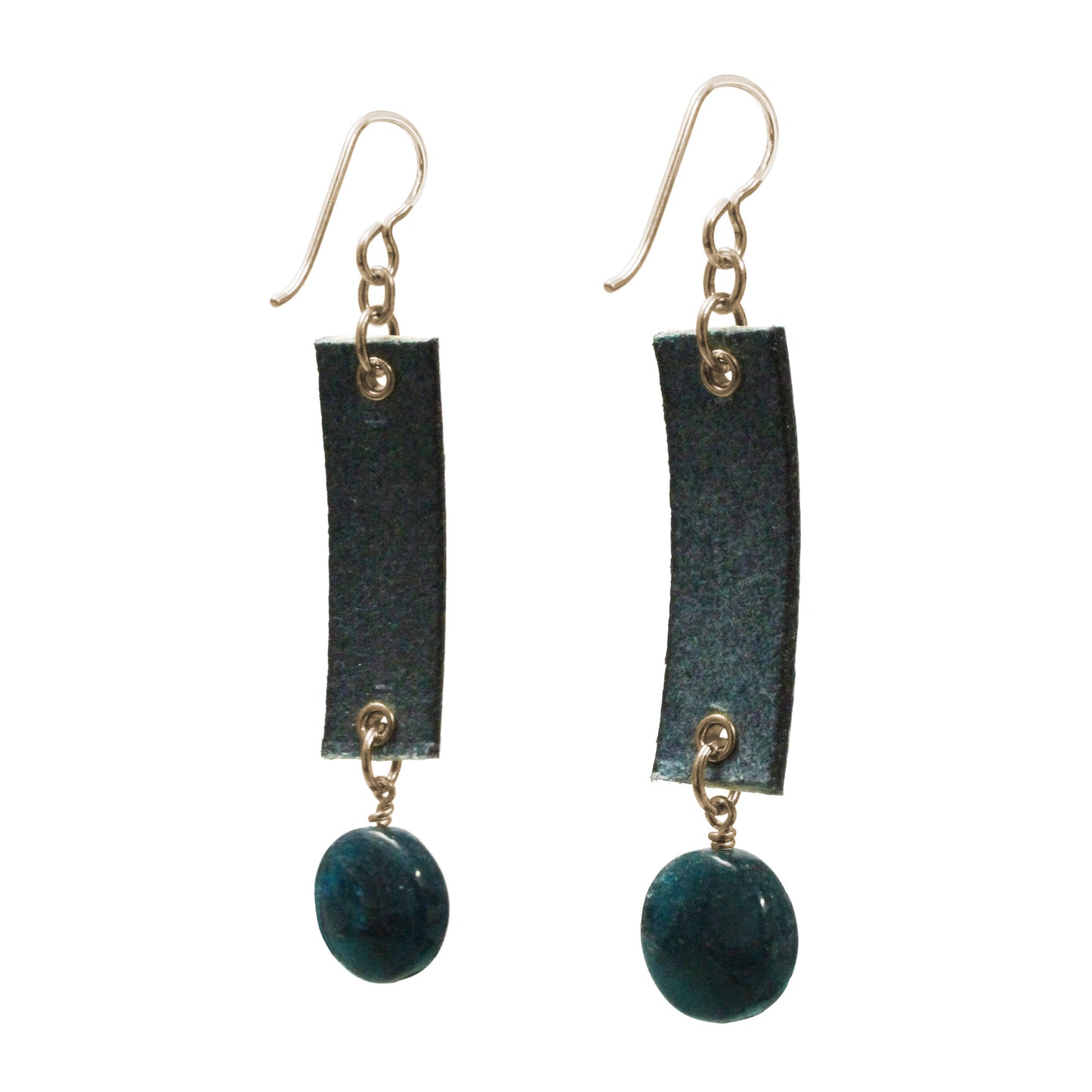 Blue Apatite Earrings / 65mm length / embossed floral leather / gold filled hook earwires