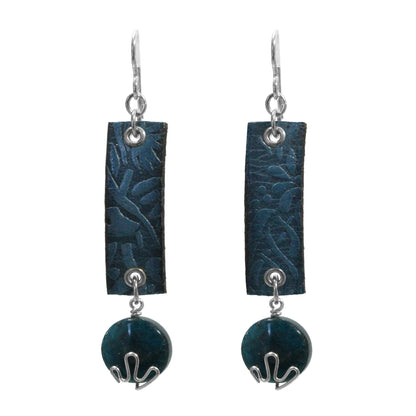 Blue Apatite Earrings / 65mm length / embossed floral leather / sterling silver hook earwires