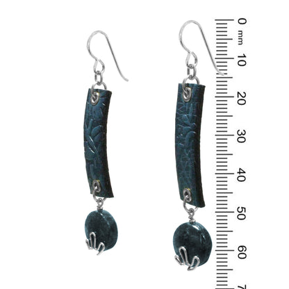 Blue Apatite Earrings / 65mm length / embossed floral leather / sterling silver hook earwires