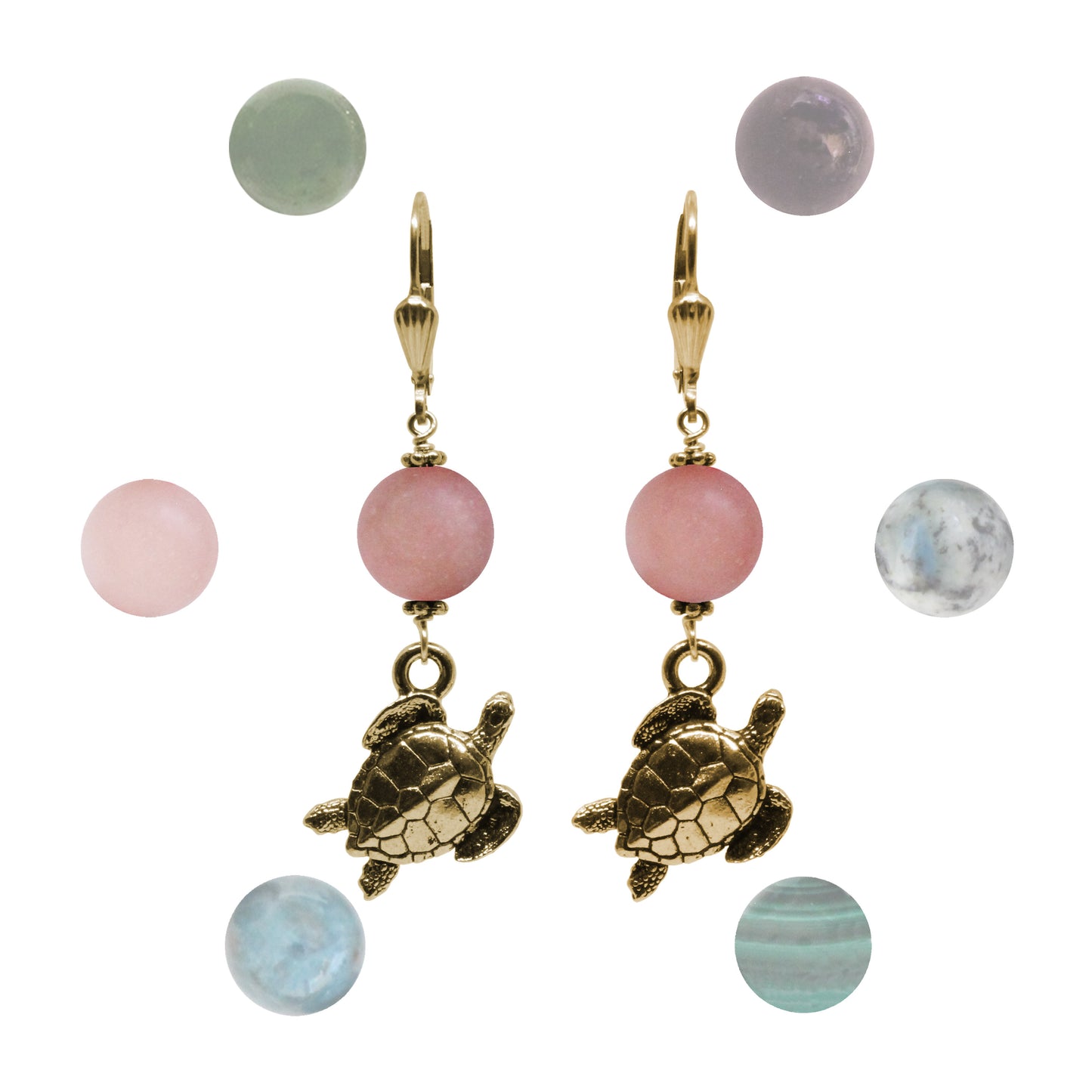 Sea Turtle Earrings / 53mm length / gold filled shell leverbacks / choose from K2 granite, BC jade, blue apatite, garnet, malachite, pink opal