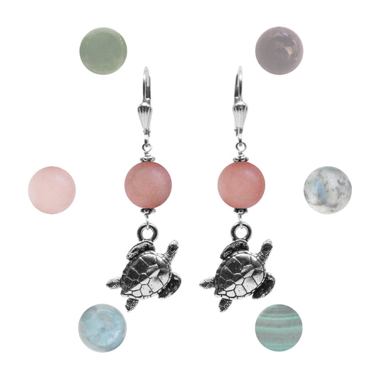 Sea Turtle Earrings / 53mm length / sterling silver shell leverbacks / choose from turquoise, jade, K2 granite, apatite, malachite, pink opal