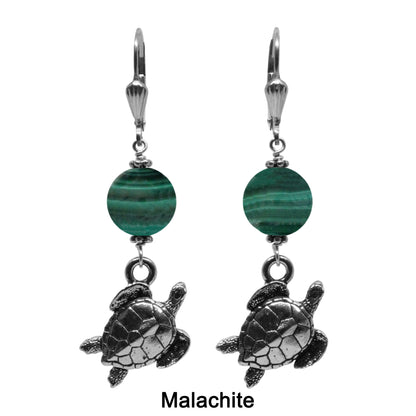 Sea Turtle Earrings / 53mm length / sterling silver shell leverbacks / choose from jade, K2 granite, apatite, garnet, malachite, pink opal