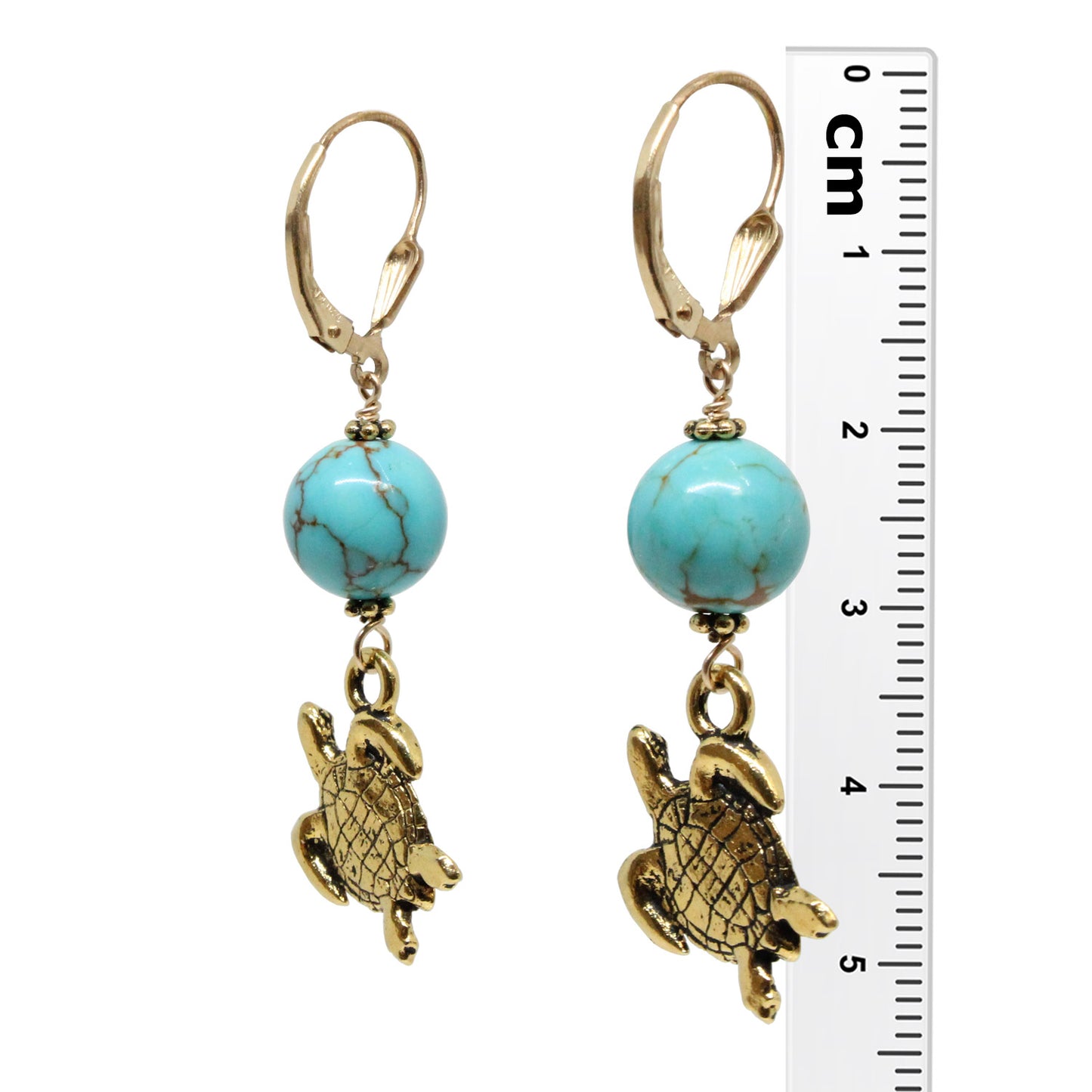 Turquoise Island Sea Turtle Earrings / 53mm length / gold filled shell leverback earwires