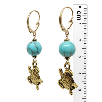 Sea Turtle Earrings / 53mm length / #8 Mine turquoise gemstones / gold filled shell leverback earwires