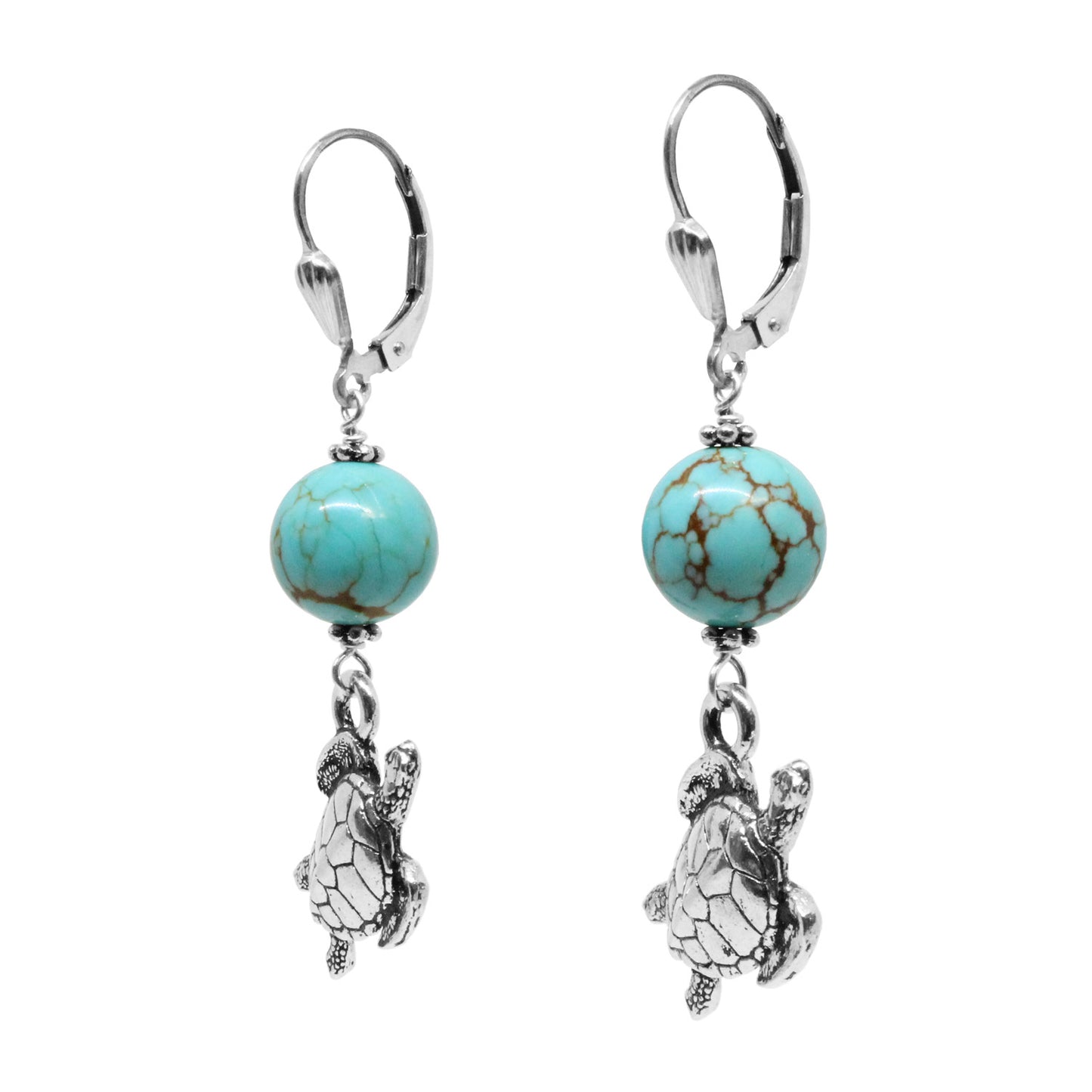 Sea Turtle Earrings / 53mm length / #8 Mine turquoise gemstones / sterling silver shell leverback earwires