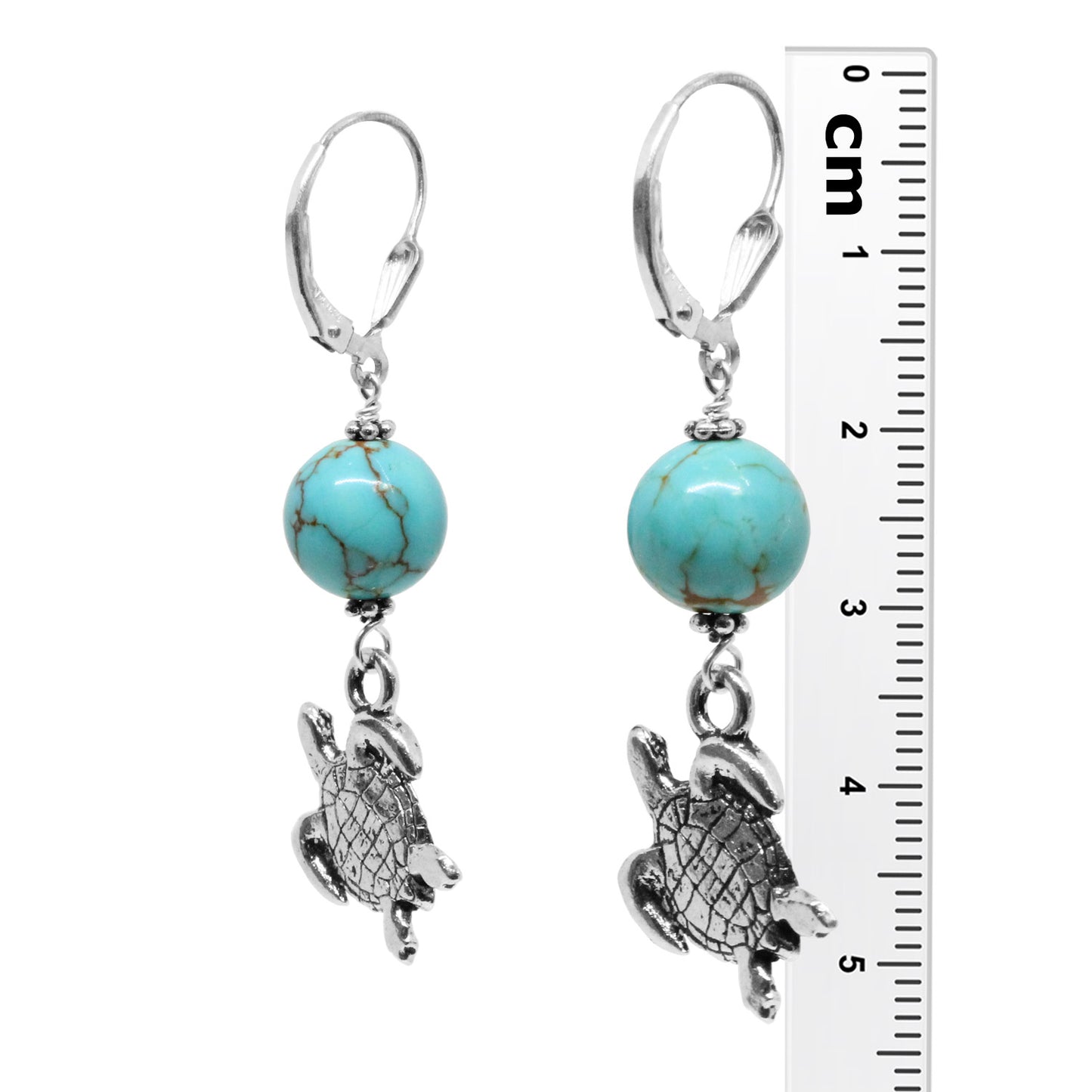 Turquoise Island Sea Turtle Earrings / 53mm length / sterling silver shell leverback earwires