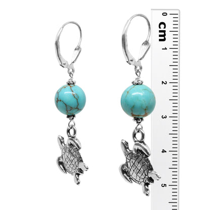 Sea Turtle Earrings / 53mm length / #8 Mine turquoise gemstones / sterling silver shell leverback earwires