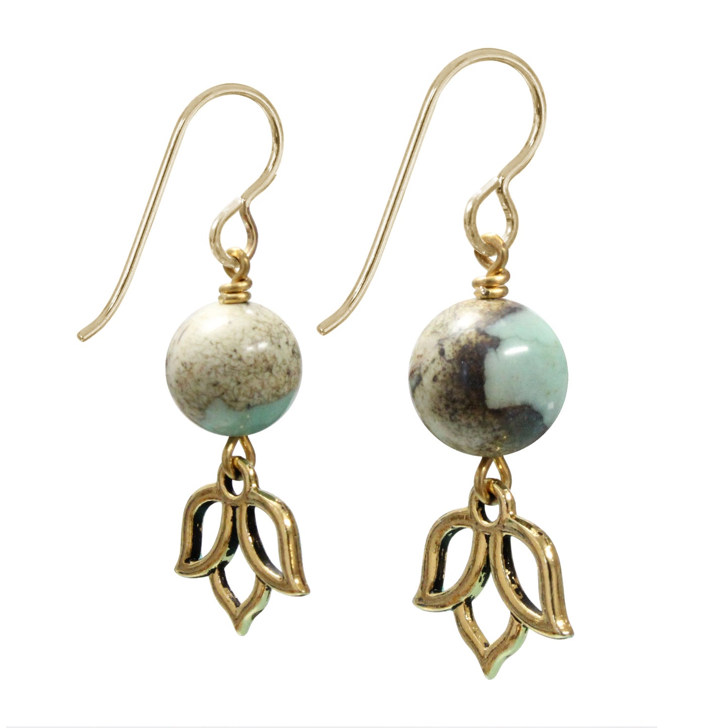 Terra Agate Earrings / 40mm length / hand painted lotus charms / gold filled earwires / Earrings500633