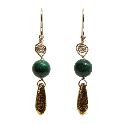 Green Malachite Earrings / 50mm length / with gold filled earwires and pewter hammertone dagger beads