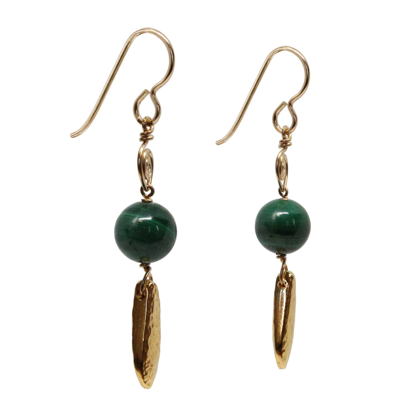 Green Malachite Earrings / 50mm length / with gold filled earwires and pewter hammertone dagger beads