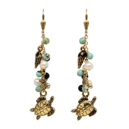 Cascade Earrings / 65mm length / genuine turquoise gemstones with sea turtle charms / gold filled shell leverback earwires