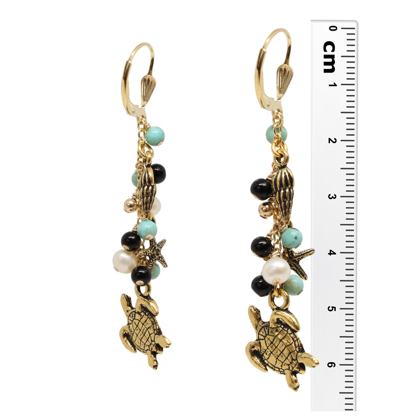 Turquoise Island Cascade Earrings / 65mm length / sea turtle charms / gold filled shell leverback earwires