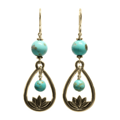 Lotus Earrings / 58mm length / #8 Mine turquoise gemstones / gold filled hook earwires
