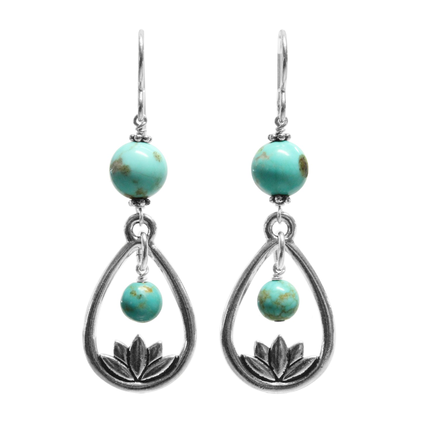 Lotus Earrings / 58mm length / #8 Mine turquoise gemstones / sterling silver hook earwires