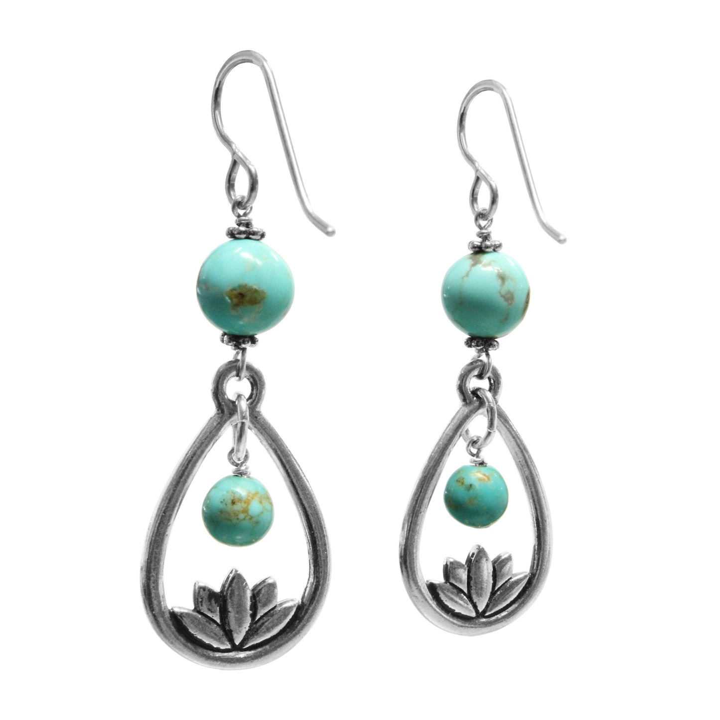 Lotus Earrings / 58mm length / #8 Mine turquoise gemstones / sterling silver hook earwires