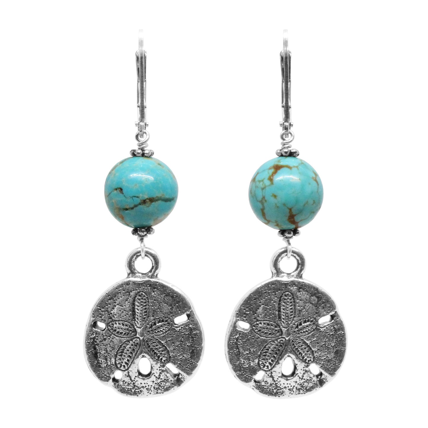 Turquoise Island Sand Dollar Earrings / 50mm length / genuine turquoise gemstones / sterling silver leverback earwires