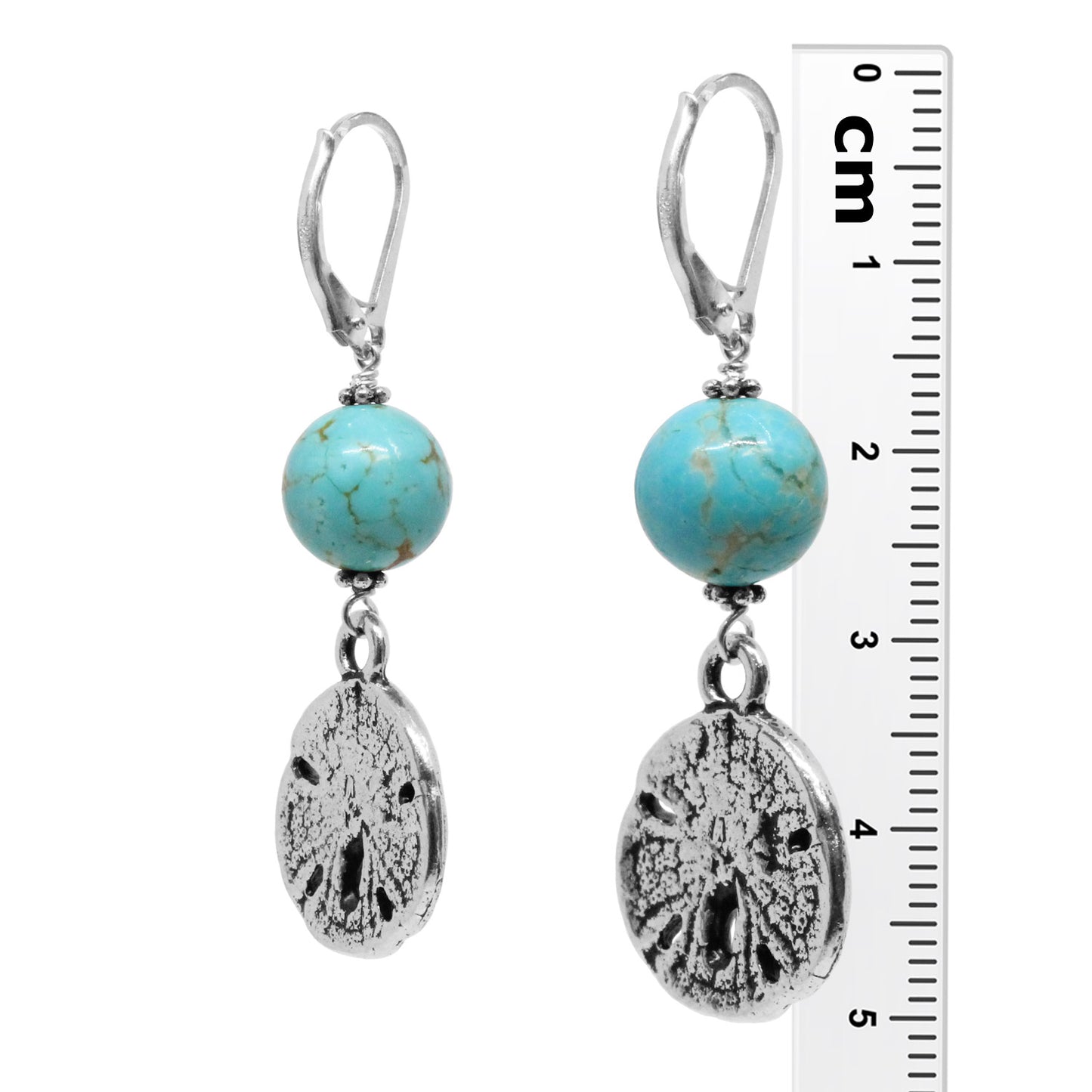 Sand Dollar Earrings / 50mm length / #8 Mine turquoise gemstones / sterling silver leverback earwires