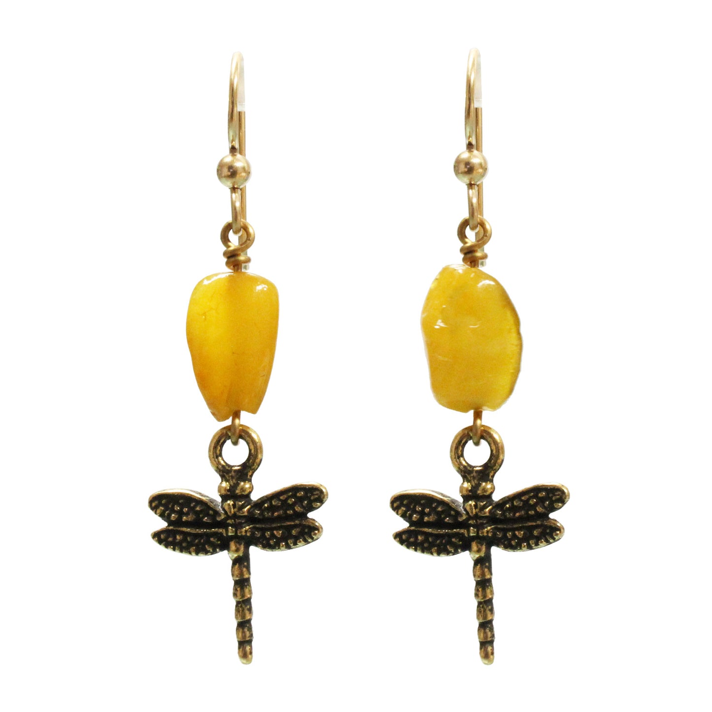 Dragonfly Amber Earrings / 50mm length / gold filled earwires