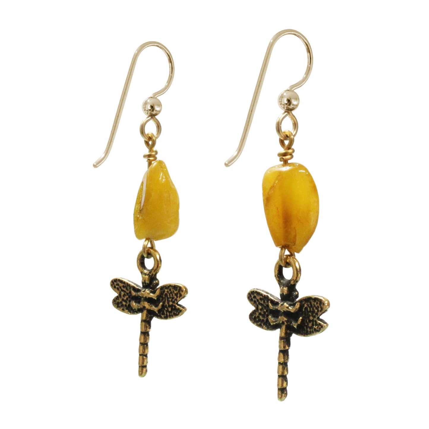 Dragonfly Amber Earrings / 50mm length / gold filled earwires