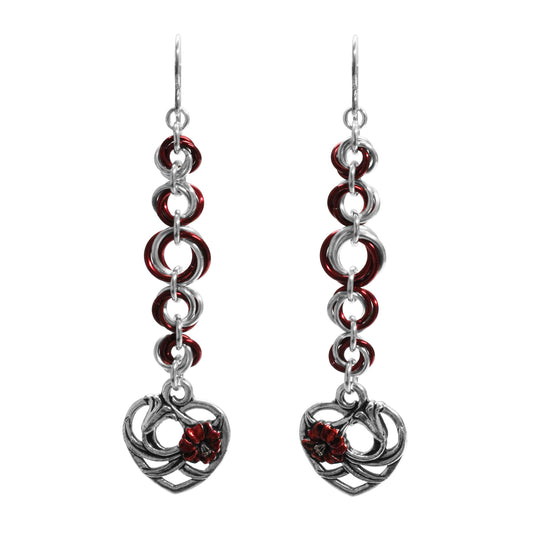 Floral Heart Chainmail Earrings / 76mm length / sterling silver earwires