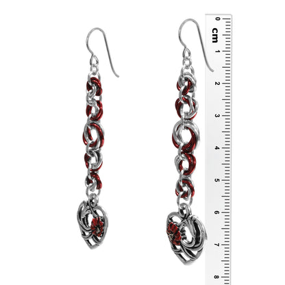 Floral Heart Chainmail Earrings / 76mm length / sterling silver earwires