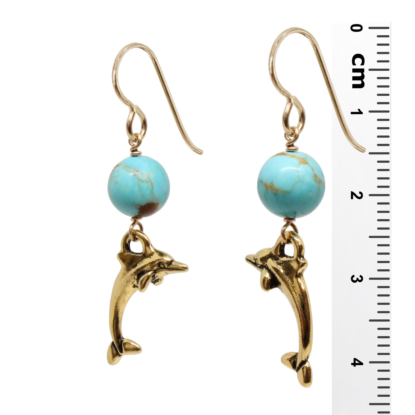 Dolphin Earrings / 43mm length / #8 Mine turquoise gemstones / gold filled hook earwires