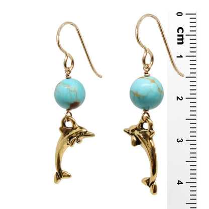 Dolphin Earrings / 43mm length / #8 Mine turquoise gemstones / gold filled hook earwires