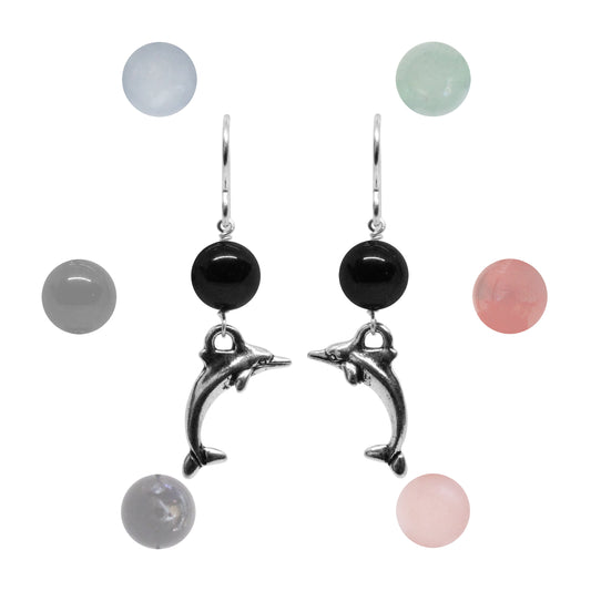 Dolphin Earrings / 43mm length / sterling silver hook earwires / choose from angelite, aventurine, black onyx, carnelian, garnet, pink opal