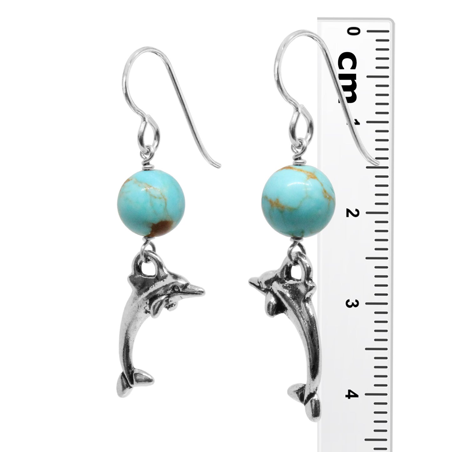 Dolphin Earrings / 43mm length / #8 Mine turquoise gemstones / sterling silver hook earwires