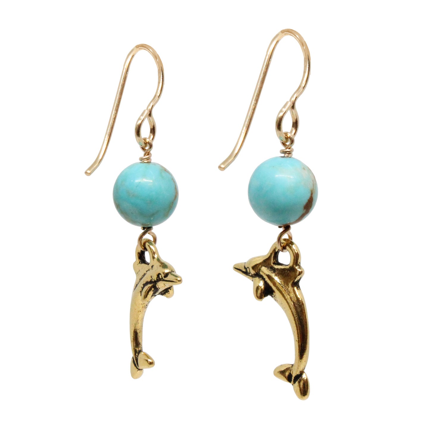 Dolphin Earrings / 43mm length / #8 Mine turquoise gemstones / gold filled hook earwires