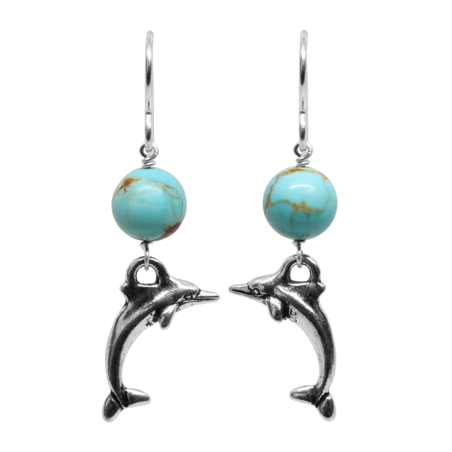 Dolphin Earrings / 43mm length / #8 Mine turquoise gemstones / sterling silver hook earwires