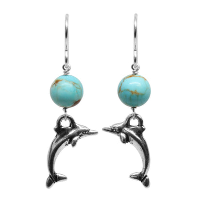 Dolphin Earrings / 43mm length / #8 Mine turquoise gemstones / sterling silver hook earwires