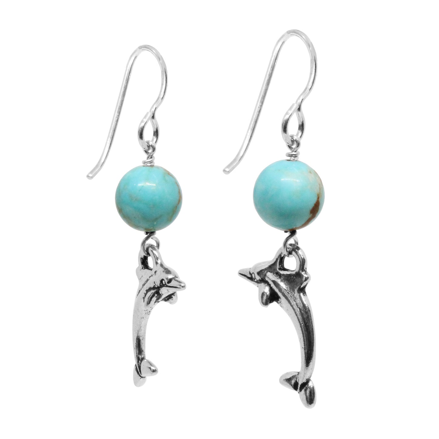 Dolphin Earrings / 43mm length / #8 Mine turquoise gemstones / sterling silver hook earwires