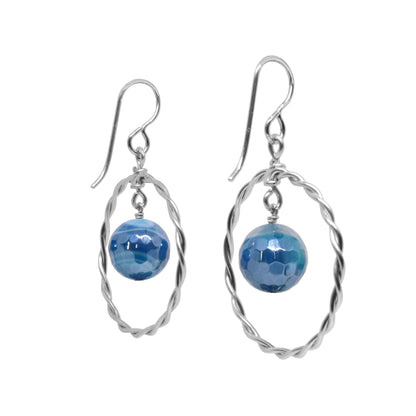Twisted Wire Hoop Earrings / 45mm length / sterling silver hook hook earwires / faceted agate beads / choose from sea blue, seafoam or purple