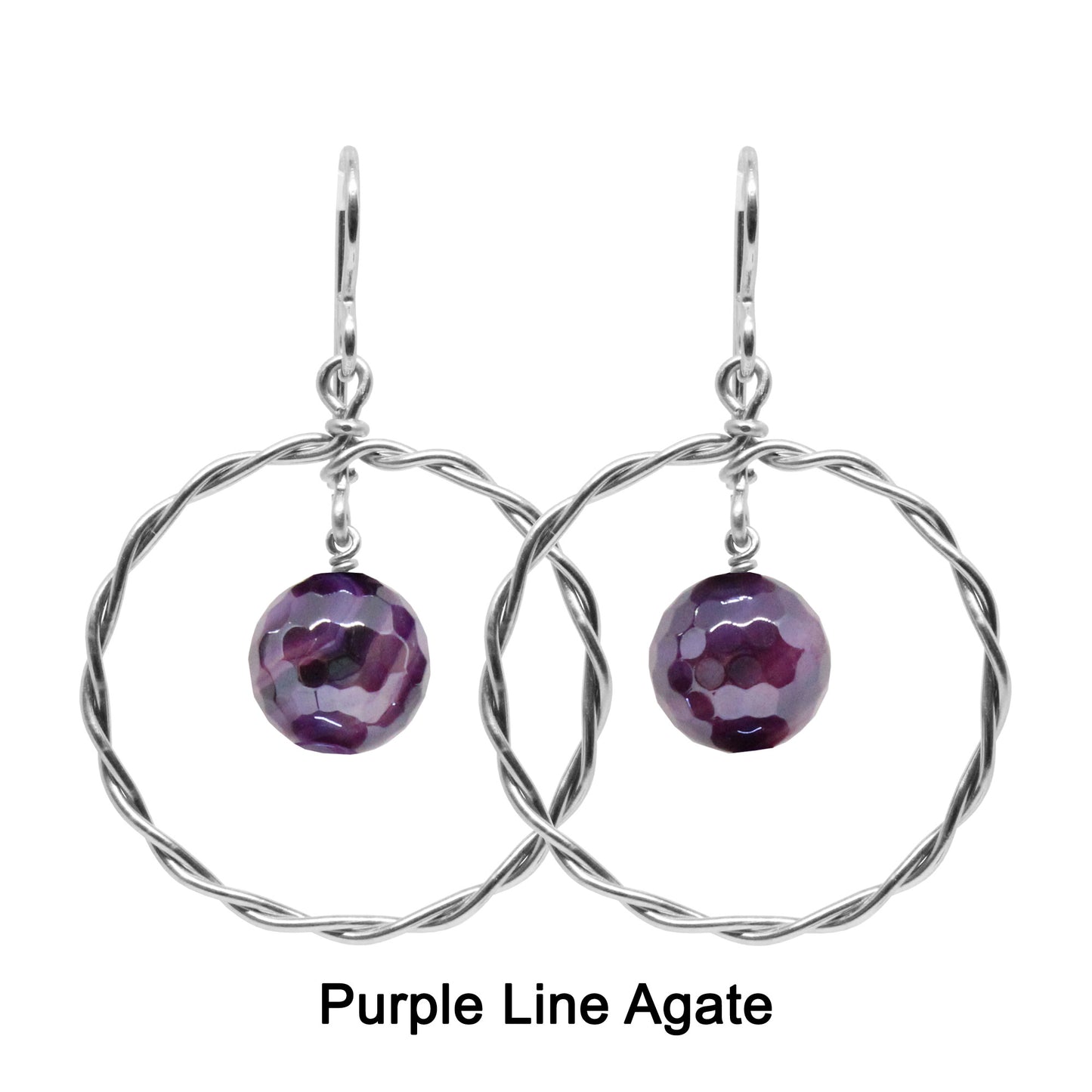 Twisted Wire Hoop Earrings / 45mm length / sterling silver hook hook earwires / faceted agate beads / choose from sea blue, seafoam or purple