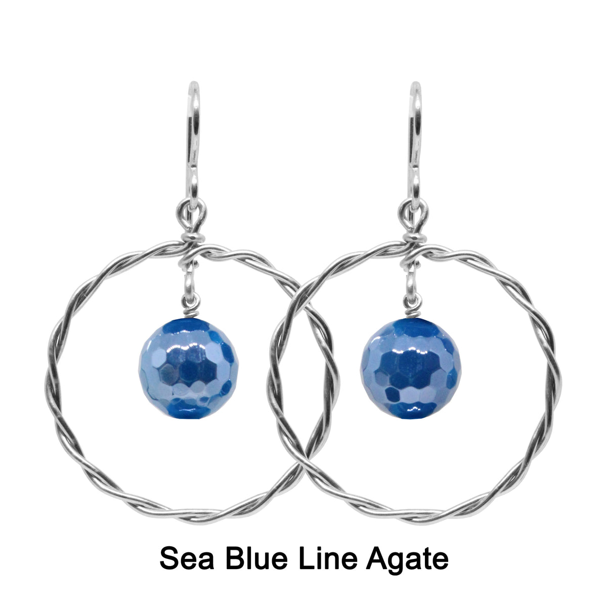 Twisted Wire Hoop Earrings with sea blue line agate