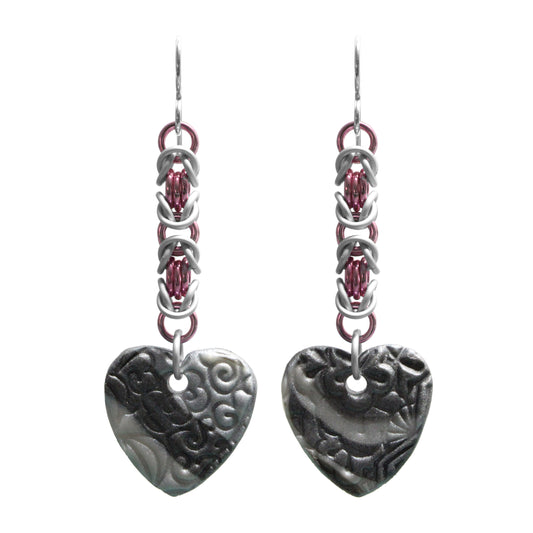 Chainmail Heart Earrings / choose from 3 colorways / 67mm length / sterling silver earwires