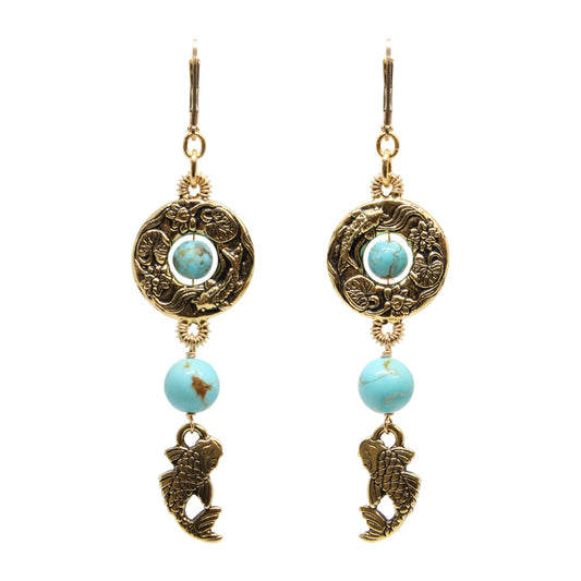 Turquoise Island Koi Earrings / 75mm length / gold filled leverback earwires