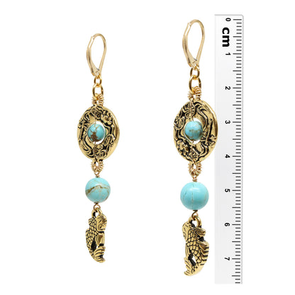 Koi Earrings / 75mm length / #8 Mine turquoise gemstones / gold filled leverback earwires