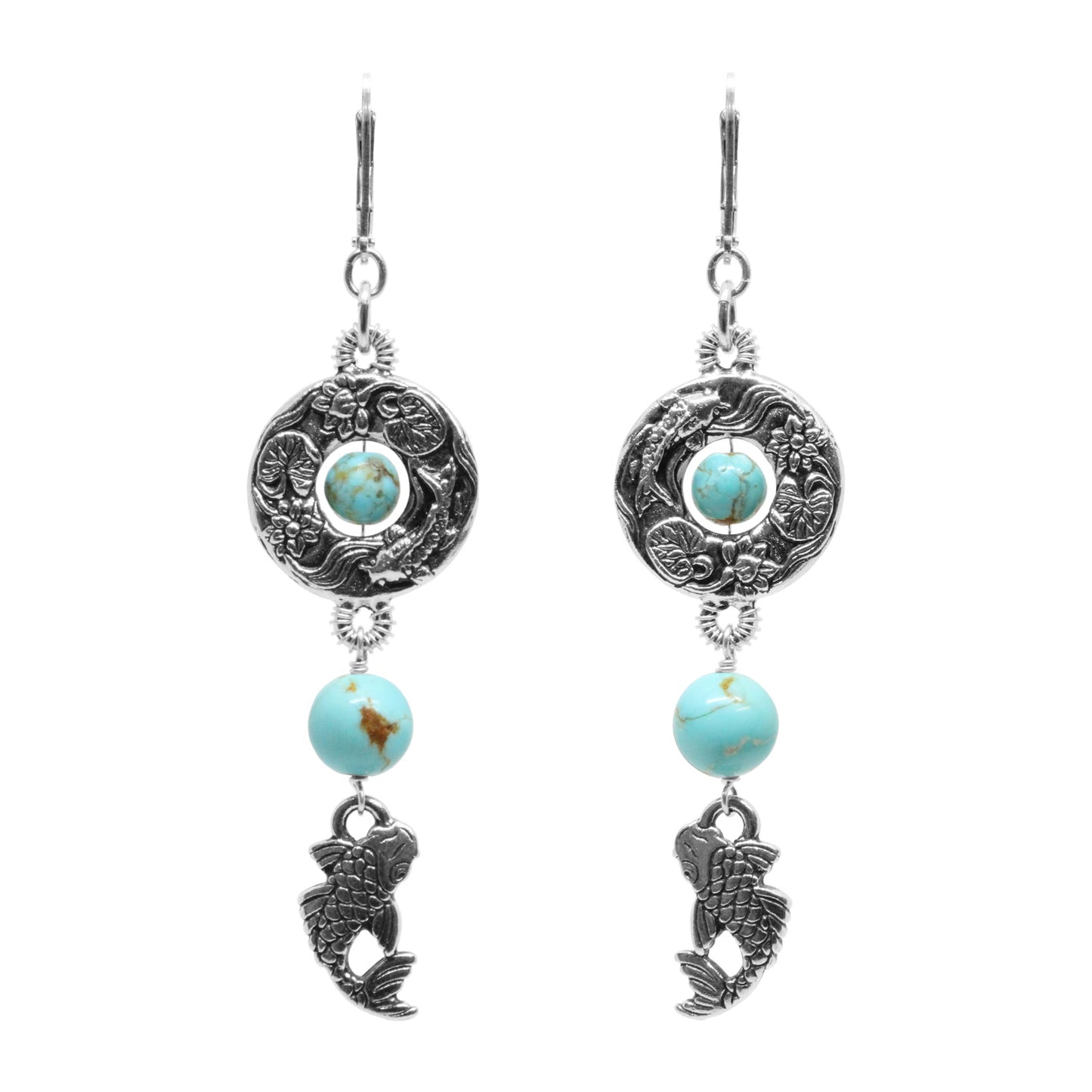 Koi Earrings / 75mm length / #8 Mine turquoise gemstones / sterling silver leverback earwires