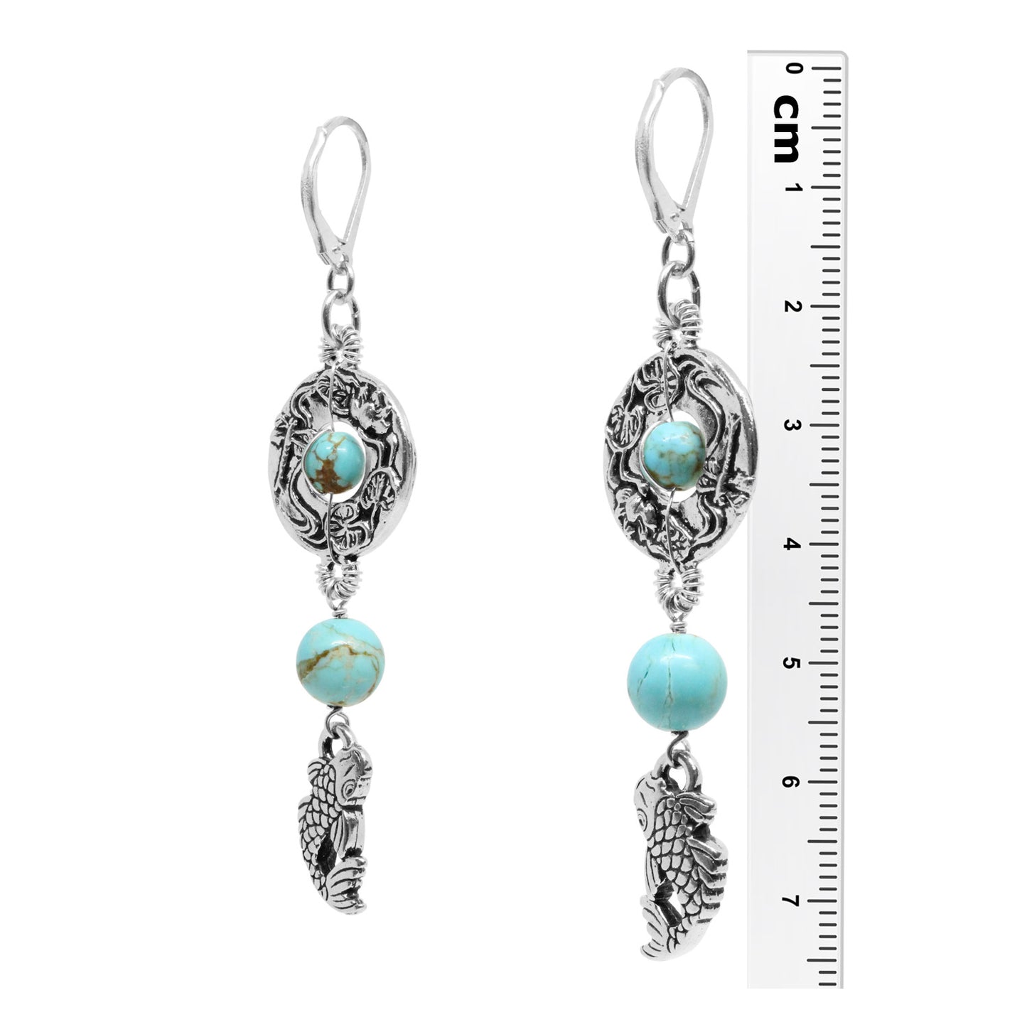 Koi Earrings / 75mm length / #8 Mine turquoise gemstones / sterling silver leverback earwires