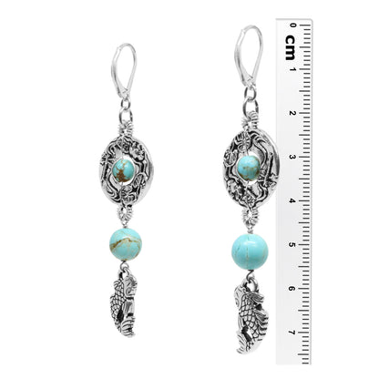 Koi Earrings / 75mm length / #8 Mine turquoise gemstones / sterling silver leverback earwires
