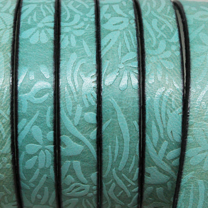TURQUOISE Embossed Floral 10mm Flat Leather Strap / sold by the foot / 10 mm wide x 2 mm thick