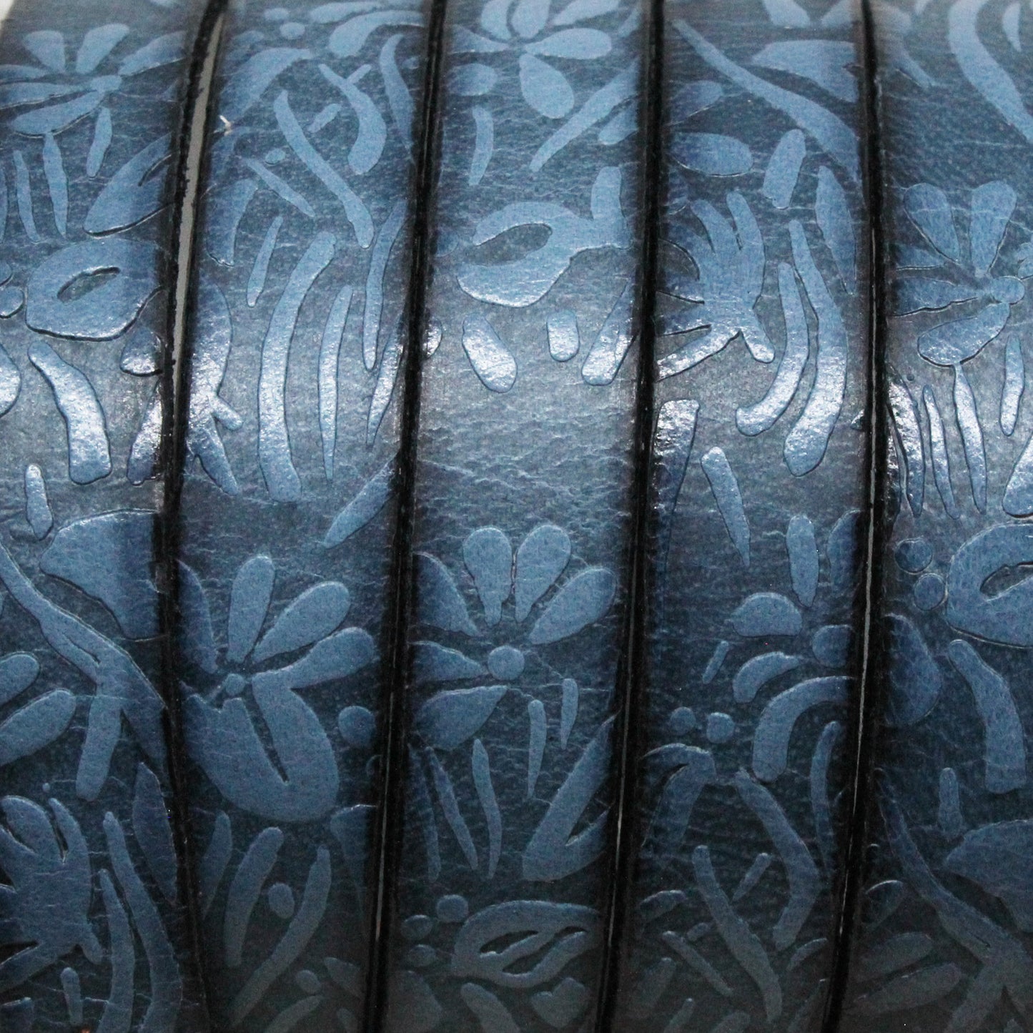 BLUE Embossed Floral 10mm Flat Leather Strap / sold by the foot / 10 mm wide x 2 mm thick