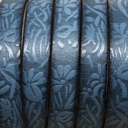 BLUE Embossed Floral 10mm Flat Leather Strap / sold by the foot / 10 mm wide x 2 mm thick