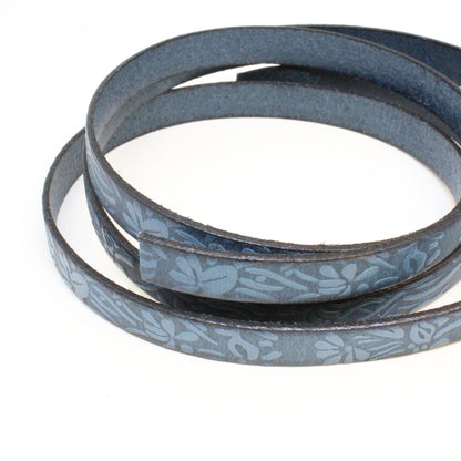 BLUE Embossed Floral 10mm Flat Leather Strap / sold by the foot / 10 mm wide x 2 mm thick