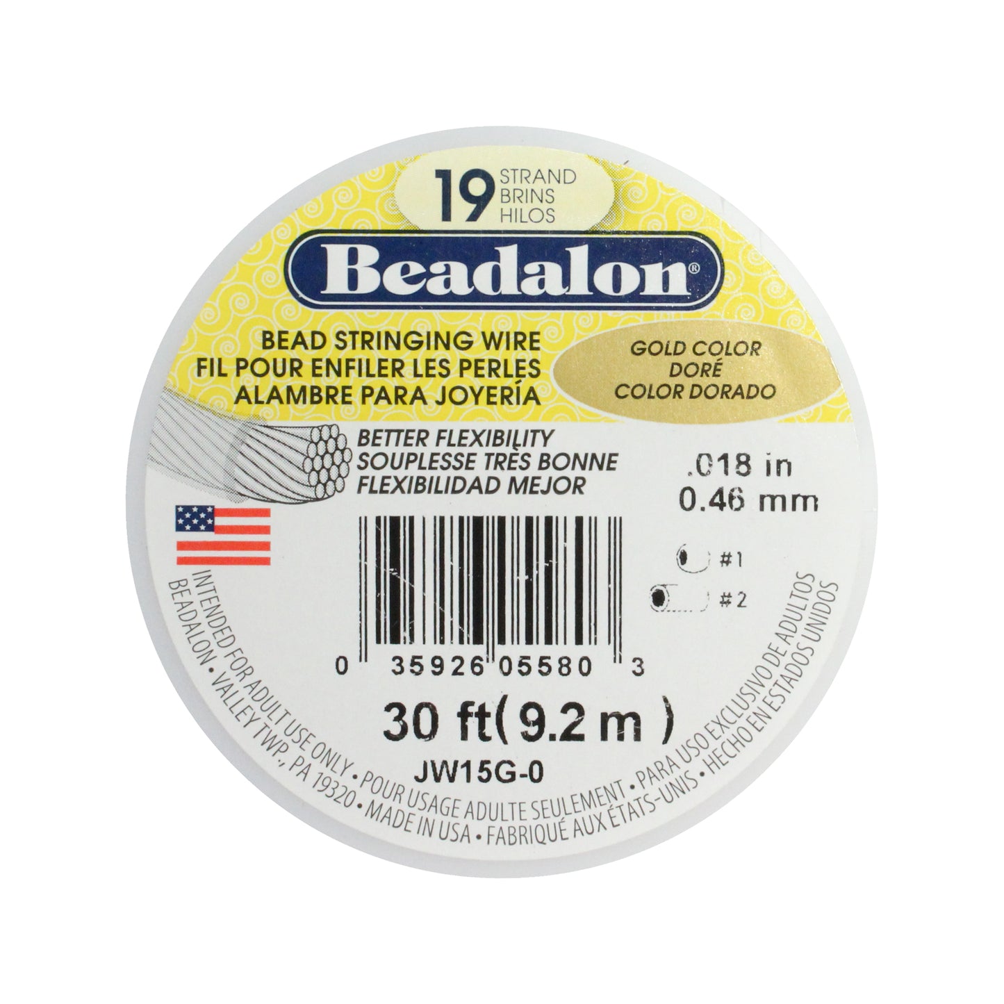 Beadalon 19 Strand Bead Stringing Wire / 30 foot roll (9.2m) / Gold Color / Nylon Coated