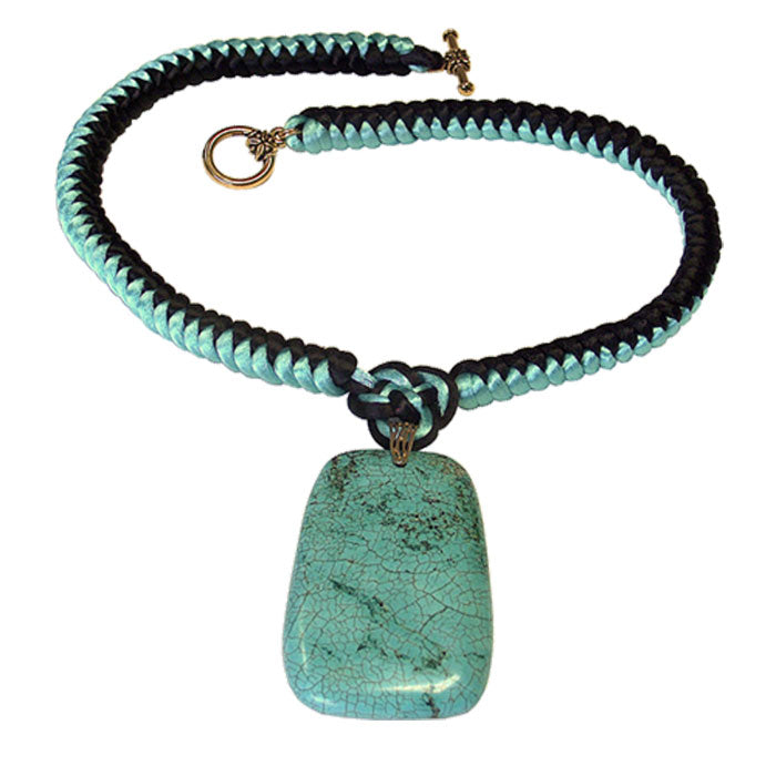 Green Turquoise Necklace / 17 Inch length / reconstructed turquoise pendant with a simulated matrix / satin rope necklace